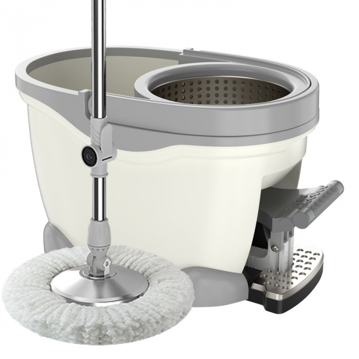 Set Galeata cu Pedala si Mop Rotativ 360°, Flippy, Cu Actiune Centrifuga x4, Pentru Uz Casnic, Maner din Otel Inoxidabil Telescopic, 2 Capte din Bumbac, 46x30x28 cm, Alb Ivoir [9]