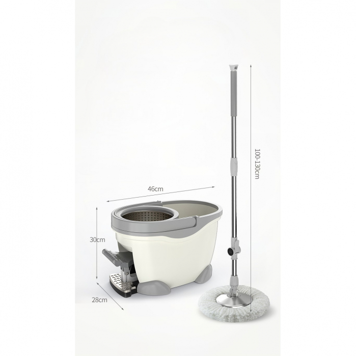 Lichidare Set Galeata cu Pedala si Mop Rotativ 360°, Flippy, Cu Actiune Centrifuga x4, Pentru Uz Casnic, Maner din Otel Inoxidabil Telescopic, 2 Capte din Bumbac, 46x30x28 cm, Alb Ivoir [7]