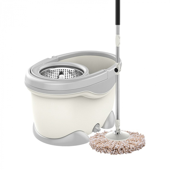 Set Galeata si Mop Rotativ 360°, Flippy, Cu Dubla Actiune Centrifuga, Pentru Uz Casnic, Maner din Otel Inoxidabil Telescopic, 2 Capte din Bumbac, 46x27x29 cm, Alb [1]