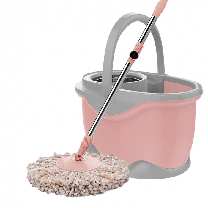Set Galeata si Mop Rotativ 360°, Flippy, Cu Dubla Actiune Centrifuga, Pentru Uz Casnic, Maner din Otel Inoxidabil Telescopic, 2 Capte din Bumbac, 46x27x29 cm, Roz [1]