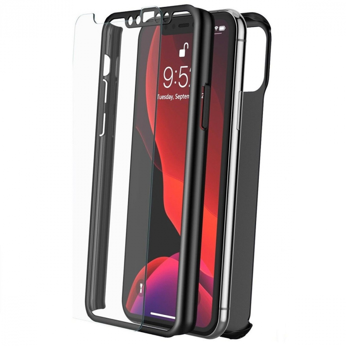 Set Husa si Folie de Protectie, Flippy, Compatibila cu Apple iPhone X, Full Cover 360°, Plastic + Sticla, Negru [5]