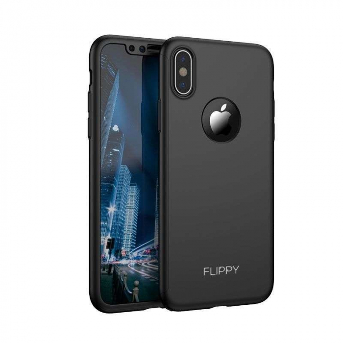 Set Husa si Folie de Protectie, Flippy, Compatibila cu Apple iPhone X, Full Cover 360°, Plastic + Sticla, Negru [17]