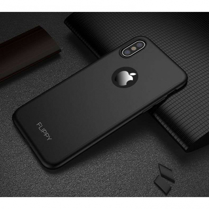 Set Husa si Folie de Protectie, Flippy, Compatibila cu Apple iPhone X, Full Cover 360°, Plastic + Sticla, Negru [14]
