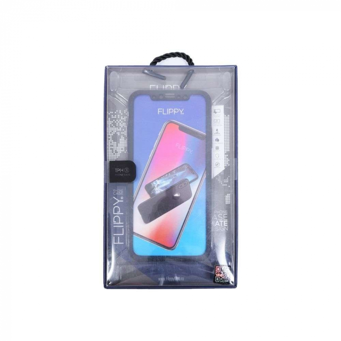 Set Husa si Folie de Protectie, Flippy, Compatibila cu Apple iPhone X, Full Cover 360°, Plastic + Sticla, Negru [15]