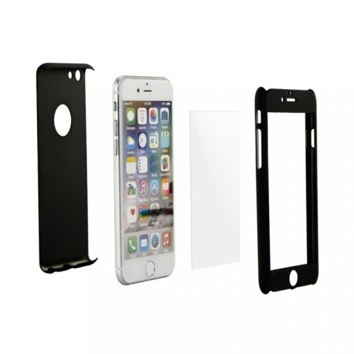 Set Husa si Folie de Protectie, Flippy, Compatibila cu Apple iPhone X, Full Cover 360°, Plastic + Sticla, Negru [1]