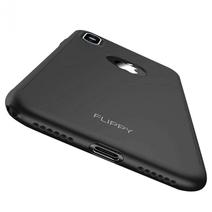 Set Husa si Folie de Protectie, Flippy, Compatibila cu Apple iPhone X, Full Cover 360°, Plastic + Sticla, Negru [13]
