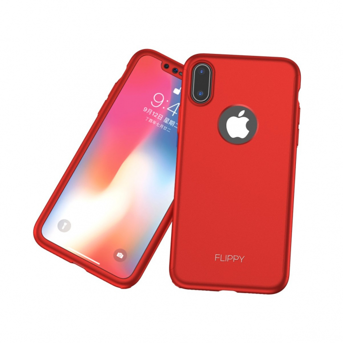 Set Husa si Folie de Protectie, Flippy, Compatibila cu Apple iPhone X, Full Cover 360°, Plastic + Sticla, Rosu [4]