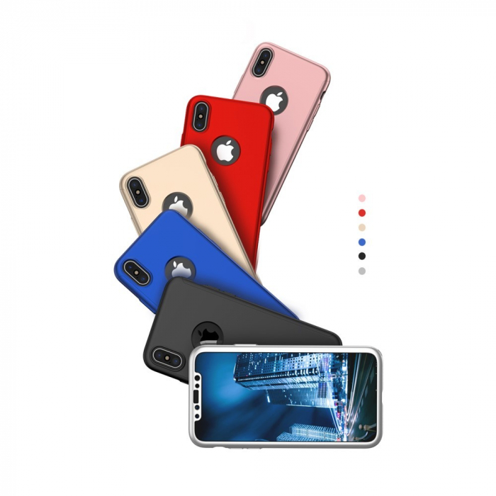 Set Husa si Folie de Protectie, Flippy, Compatibila cu Apple iPhone X, Full Cover 360°, Plastic + Sticla, Rosu [7]