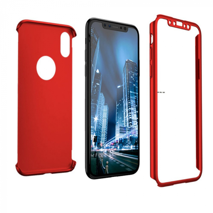 Set Husa si Folie de Protectie, Flippy, Compatibila cu Apple iPhone X, Full Cover 360°, Plastic + Sticla, Rosu [8]