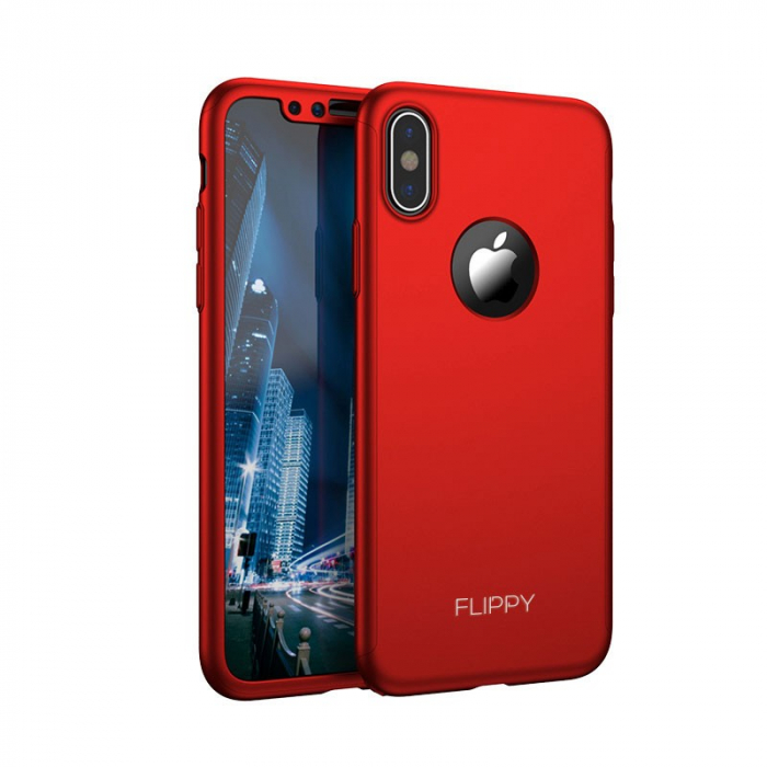 Set Husa si Folie de Protectie, Flippy, Compatibila cu Apple iPhone X, Full Cover 360°, Plastic + Sticla, Rosu [2]