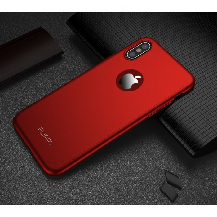 Set Husa si Folie de Protectie, Flippy, Compatibila cu Apple iPhone X, Full Cover 360°, Plastic + Sticla, Rosu [5]