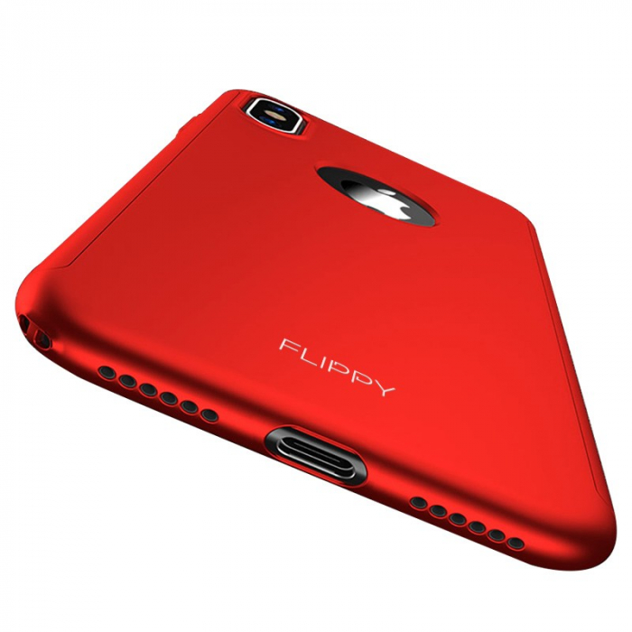 Set Husa si Folie de Protectie, Flippy, Compatibila cu Apple iPhone X, Full Cover 360°, Plastic + Sticla, Rosu [3]