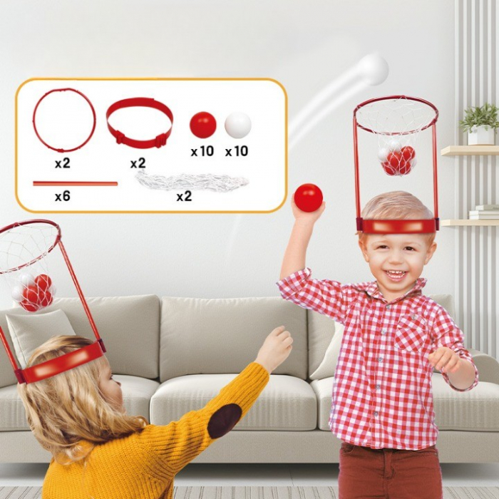 Set Interactiv pentru Copii, Flippy, Joc cu Doua Cosuri de Baschet de Pus pe Cap, Joc Dublu, 20 de Mingi Albe si Rosii, Multicolor [2]