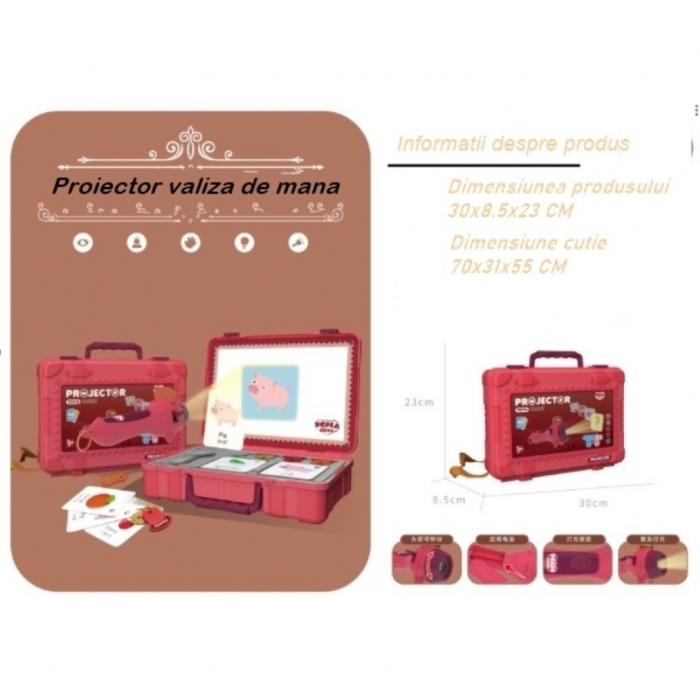 Set jucarie educativa proiector tip lanterna pentru copii, 48 de imagini,carti cu pictograme, cutie depozitare, +3 ani, Rosu [4]