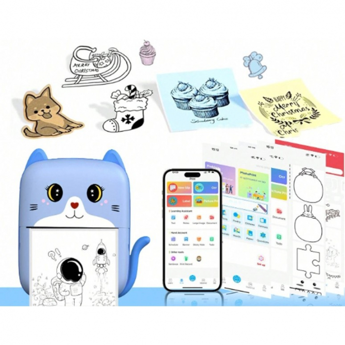 Set Mini Imprimanta Foto Portabila, Flippy, Include: 1x Set de Markere, 5x Role de Hartie Termica, 5x Role Hartie Adeziva, Incarcare USB, Bluetooth, Print Alb-Negru, Model Pisicuta, Albastru [6]