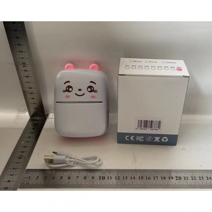 Set Mini Imprimanta Foto Portabila, Flippy, Include: 1x Set de Markere, 5x Role de Hartie Termica, 5x Role Hartie Adeziva, Incarcare USB, Bluetooth, Print Alb-Negru, Model Ursulet, Alb/Roz [6]