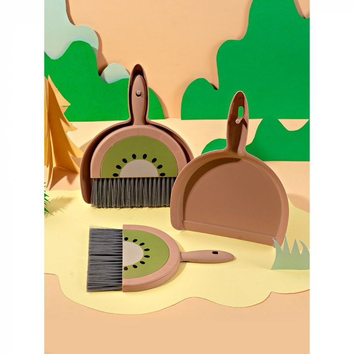 Set Mini Matura si Faras, Flippy, LITTLE CLEANER, Uz Casnic, pentru Birou, Bucatarie, Casa, Model Kiwi, 23 x 18 cm Maro-Verde [1]