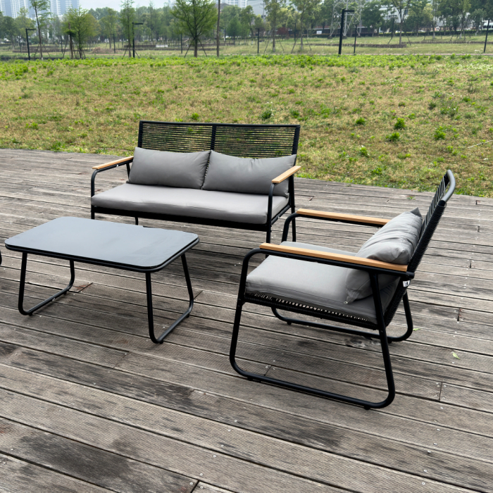 Set mobilier terasa/gradina KLUGMEISTER KJF3298, doua fotolii + canapea + masuta, cu perne incluse, culoare gri/negru [8]