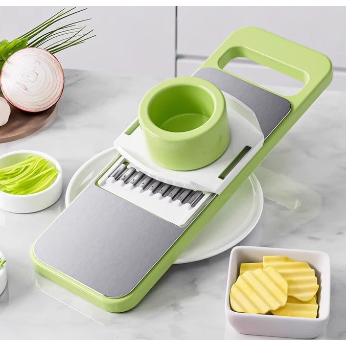 Set Multifunctional din 7 Piese, Flippy, pentru Taierea si Maruntirea Legumelor, Uz Casnic,din Otel Inoxidabil, Gri-Verde [3]