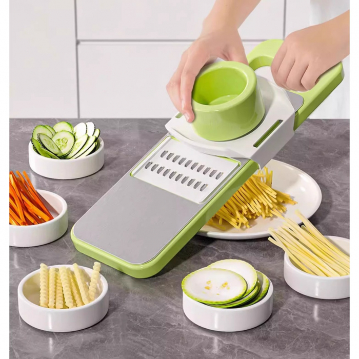 Set Multifunctional din 7 Piese, Flippy, pentru Taierea si Maruntirea Legumelor, Uz Casnic,din Otel Inoxidabil, Gri-Verde [9]