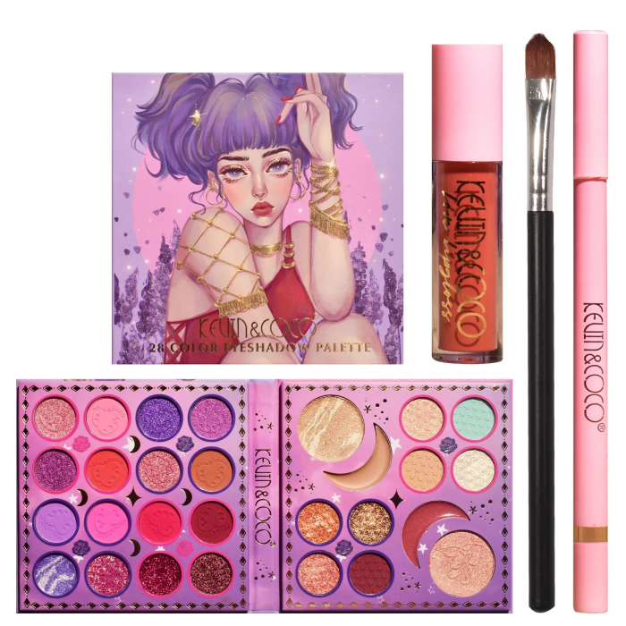 Set Produse de Machiaj, Kevin &amp; Coco, 28 Culori, Fard de Ochi, Ruj, Pensula si Creion, Varianta 2 [4]