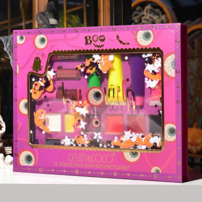 Set Produse de Pictat Fata, KEVIN &amp; COCO, Halloween, 12 culori, 3 Rujuri, 4 Tuburi Vopsea, 25.5 x 20.5 x 2.6 cm, Multicolor [6]