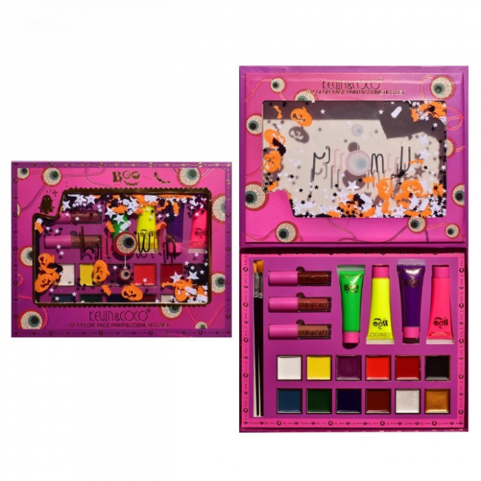 Set Produse de Pictat Fata, KEVIN &amp; COCO, Halloween, 12 culori, 3 Rujuri, 4 Tuburi Vopsea, 25.5 x 20.5 x 2.6 cm, Multicolor [1]