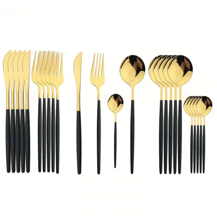 Set tacamuri din inox / 24 de piese / 6 cutite de cina / 6 furculite de cina / 6 linguri de cina / 6 lingurite / GOLD - BLACK [1]