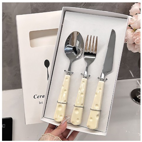 Set Tacamuri, Flippy, 3 Piese, Lingura Furculita Cutit, Stil Italian, Manere Plastic, Inox, Auriu [1]