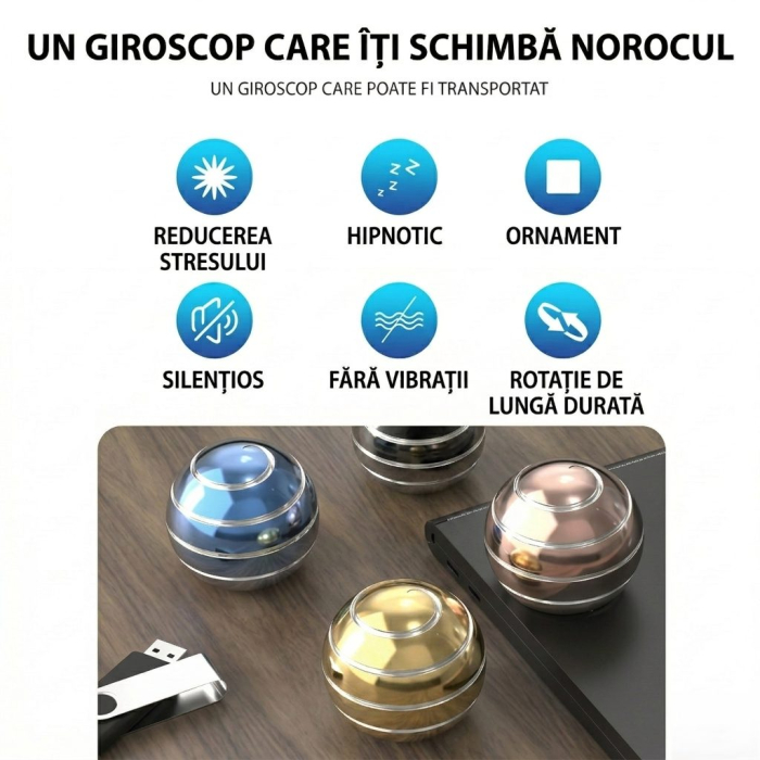 Sfera Fidget Spinner Metalic, Flippy, Corp Aliaj Zinc, Rulment Inox, Jucarie Antistres pentru Focus si Relaxare, Diametru 40 mm, Gadget pentru Birou, Scoala, Cadou pentru Copii si Adulti, Auriu [2]