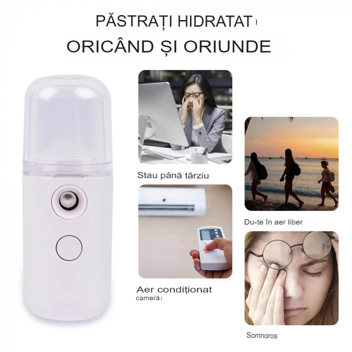 Spray de Hidratare Facială cu Tehnologie Nano, Flippy, Hidratare, Igienizare, Abur Rece, Încărcare USB, Capacitate 30 mL, 10cm, Alb [12]