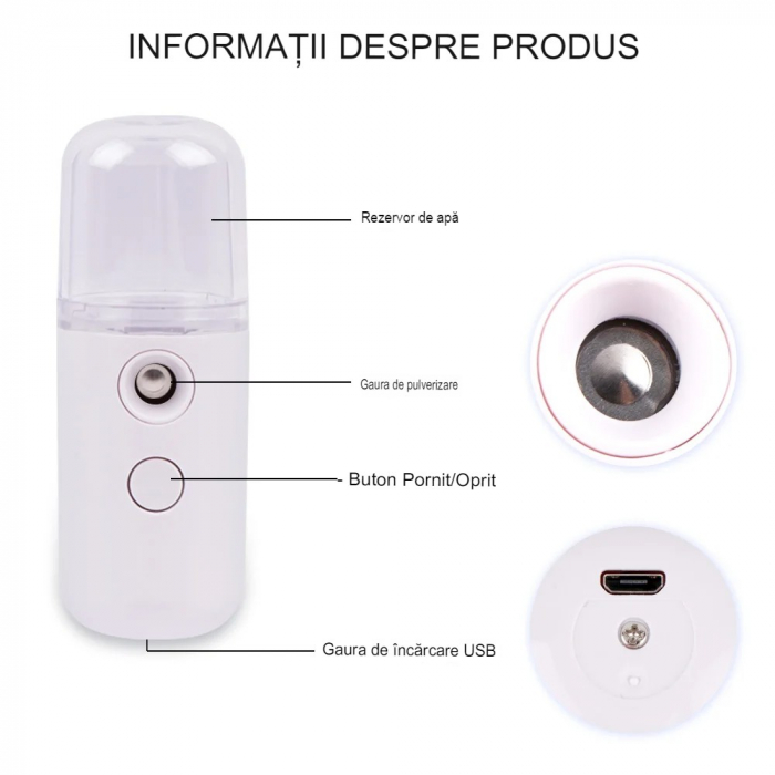 Spray de Hidratare Facială cu Tehnologie Nano, Flippy, Hidratare, Igienizare, Abur Rece, Încărcare USB, Capacitate 30 mL, 10cm, Alb [8]