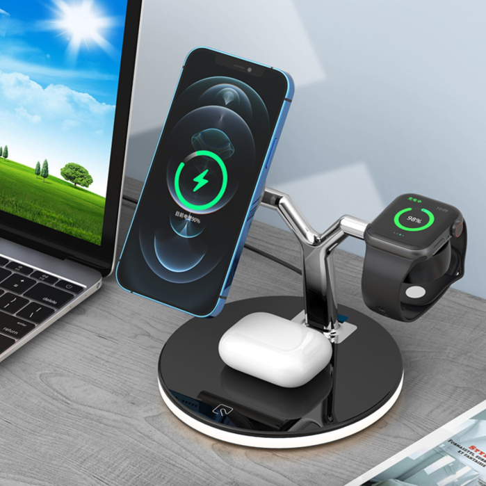 Statie de Incarcare 3 in 1, Flippy, Incarcator MagSafe Wireles Charger, Compatibil cu Apple iPhone, iWatch, AirPods, New Design, Max 25W, 14 x 14 x 10 cm, Negru [5]