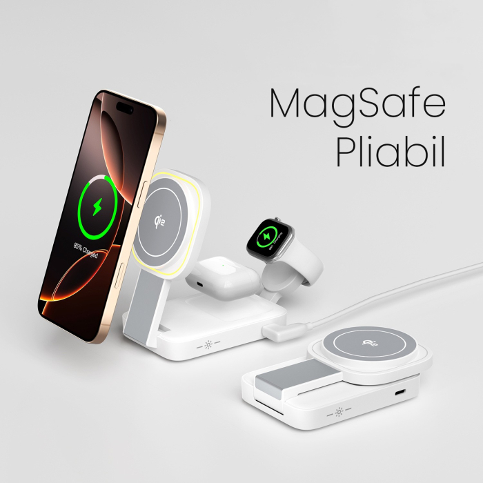 Statie de Incarcare MagSafe 3 in 1, Flippy, Magnetica Wireles Charger, Compatibil cu Apple iPhone, iWatch, AirPods, New Design, Max 23W, 11 x 6.5 x 2.9 cm Alb Ivory [2]