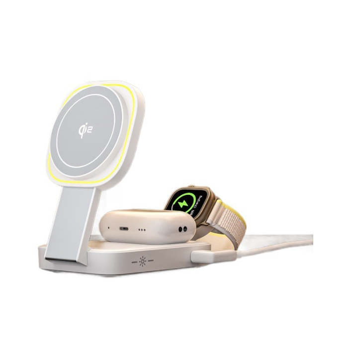 Statie de Incarcare MagSafe 3 in 1, Flippy, Magnetica Wireles Charger, Compatibil cu Apple iPhone, iWatch, AirPods, New Design, Max 23W, 11 x 6.5 x 2.9 cm Alb Ivory [4]