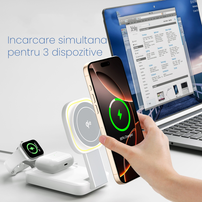 Statie de Incarcare MagSafe 3 in 1, Flippy, Magnetica Wireles Charger, Compatibil cu Apple iPhone, iWatch, AirPods, New Design, Max 23W, 11 x 6.5 x 2.9 cm Alb Ivory [3]