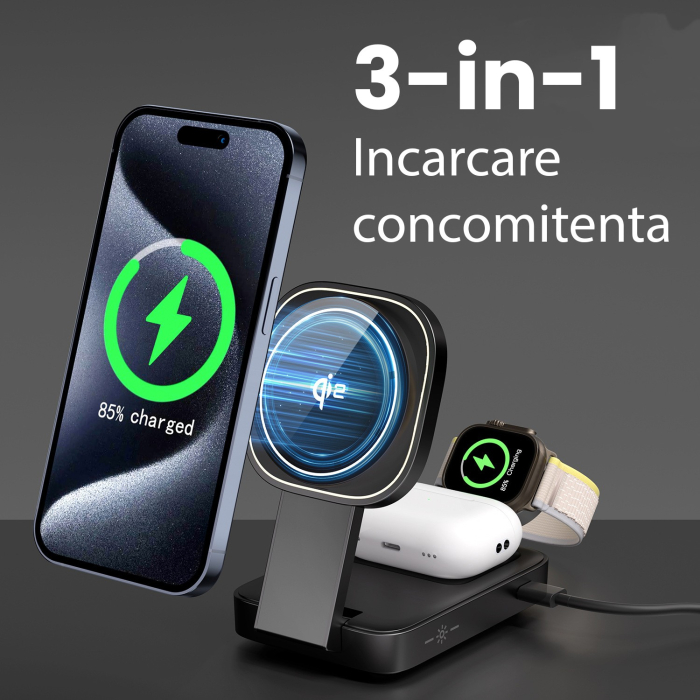 Statie de Incarcare MagSafe 3 in 1, Flippy, Magnetica Wireles Charger, Compatibil cu Apple iPhone, iWatch, AirPods, New Design, Max 23W, 11 x 6.5 x 2.9 cm, Negru [2]