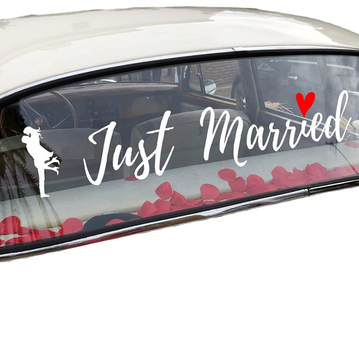 Sticker Autocolant, Flippy, Tematica Nunta, Model Indragostiti, cu Scris Just Married, 50x11.5 cm, Alb [1]
