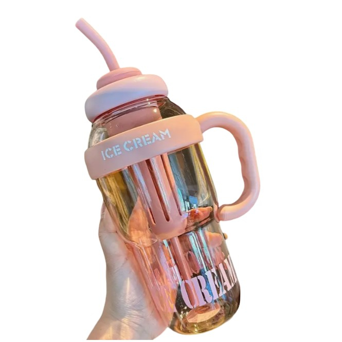 Sticla de Apa, Flippy, Termica, Mentinere 6 Ore, 1400 mL, cu Pai si Capac, PP si Silicon, cu Maner Alb, 25.5x7.5 cm, Roz Deschis [1]