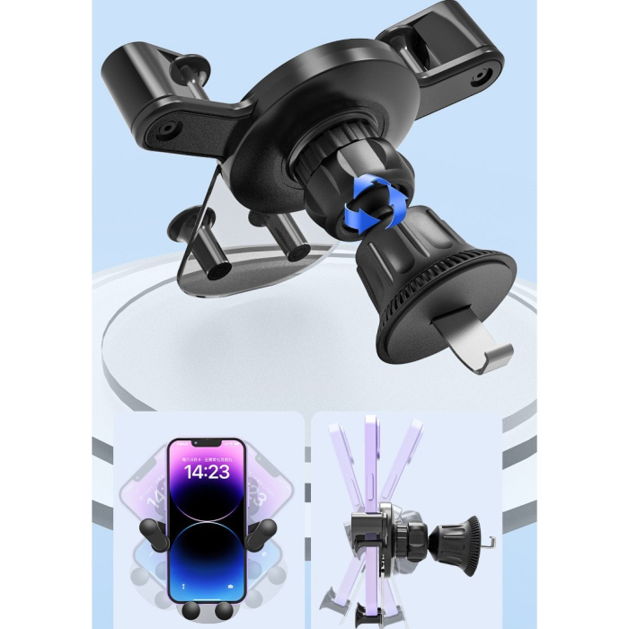 Suport Auto de Telefon, Flippy, pentru Ventilatie, din ABS, cu Clipsuri, Rotativ, 12x9.5x12 cm, Negru-Transparent [8]