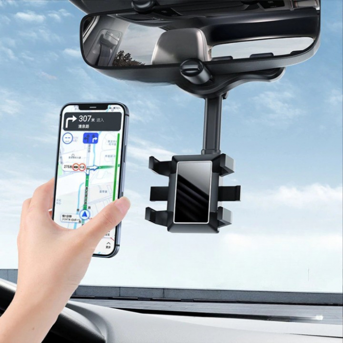 Suport auto Flippy cu atasare la oglinda retrovizoare, model Y611, rotativ 360 de grade și retractabil, multifuncțional, compatibil cu toate telefoanele mobile, Negru [3]
