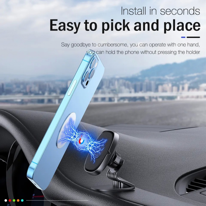 Suport Auto Magnetic Flippy 360 grade cu adeziv, 53 mm, Holder JS - 668, compatibil cu dispozitive intre 4" - 7", Ajustabil, 6 Magneti Neodymium  incorporati, Negru [8]