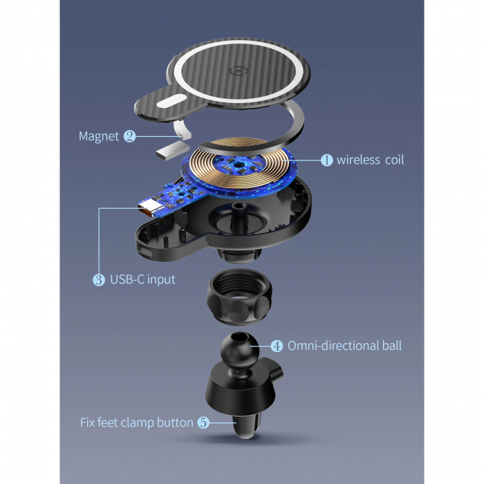 Suport auto MagSafe cu incarcare wireless 15W, Flippy, pentru seria iPhone 12, seria iPhone 13 si seria iPhone 14, Negru [3]