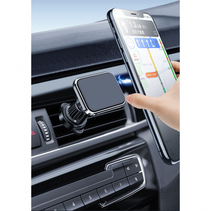 Suport Auto pentru Telefon, Flippy, MagSafe, cu Magnet, Prindere Grila de Ventilatie, Detalii Fine, Rotativ 360 de Grade, Plastic Magnet Silicon, 5.1x3.9 cm, Negru Argintiu [3]