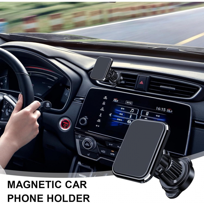 Suport Auto pentru Telefon, Flippy, MagSafe, cu Magnet, Prindere Grila de Ventilatie, Detalii Fine, Rotativ 360 de Grade, Plastic Magnet Silicon, 5.1x3.9 cm, Negru [9]