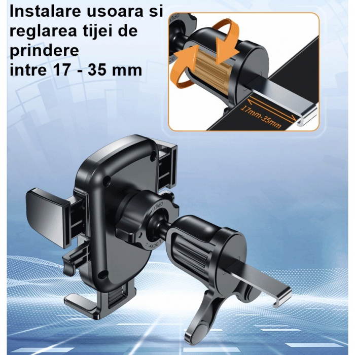 Suport Auto Telefon Flippy, Prindere Grila Ventilatie, Tija Fixare Reglabila, Rotativ 90 grade, Design Modern, Detalii Fine, Material Plastic si Silicon, 11 x  8.5 cm, Negru [6]
