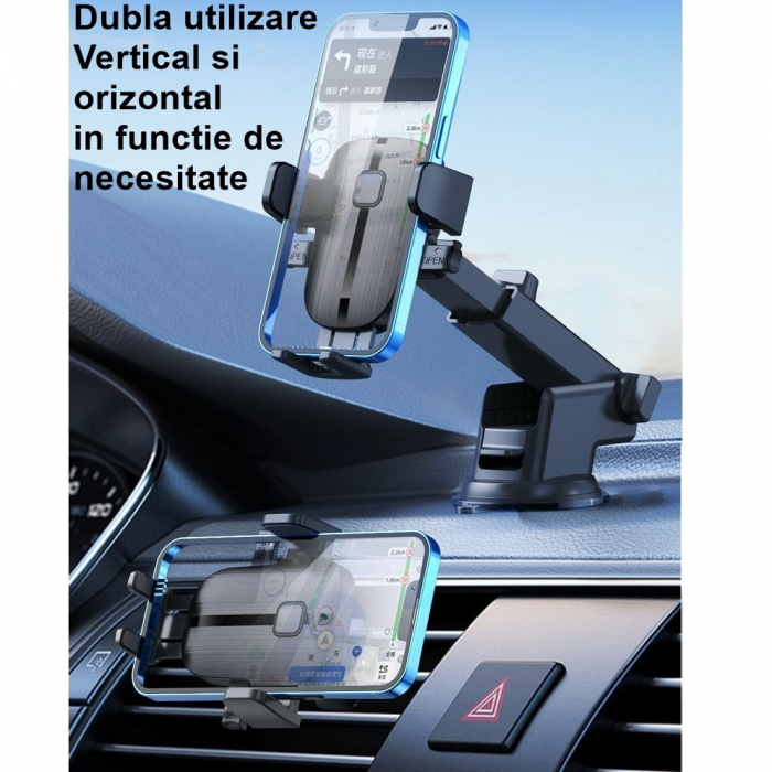 Suport Auto Telefon Flippy, Prindere Grila Ventilatie, Tija Fixare Reglabila, Rotativ 90 grade, Design Modern, Detalii Fine, Material Plastic si Silicon, 11 x  8.5 cm, Negru [5]