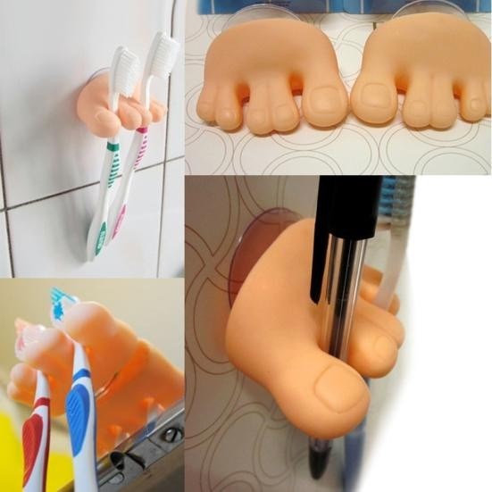 Suport de Baie, Flippy, Multifunctional, pentru Periute/Cabluri, din PVC, cu Ventuza, Model Picior, 4 x 6.5 cm, Crem [6]