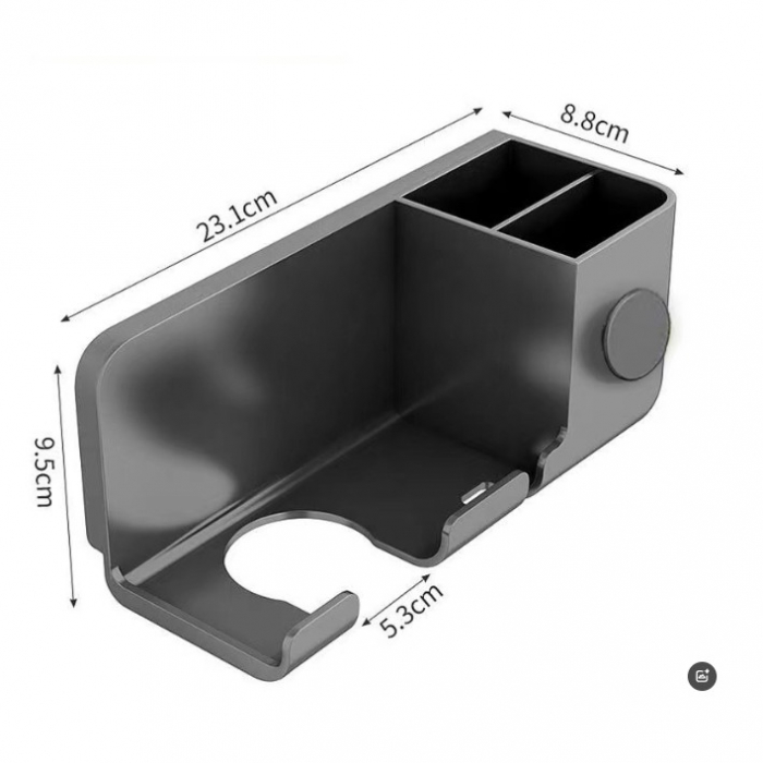 Suport de Baie, Flippy, pentru Uscator de Par, cu Organizator Dublu, din Plastic, Aplicare cu Suport Adeziv, 23 x 8.8 x 9.5 cm, Gri [2]