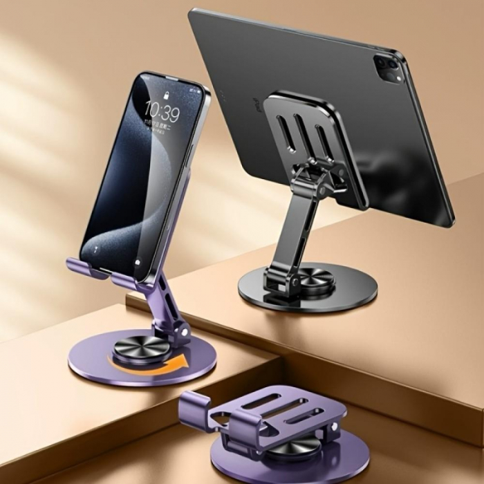 Suport de Birou pentru Telefon sau Tableta, Flippy, din Metal, Pliabil, 5.7 x 13.5 x 8.7 cm, Universal, Mov [3]